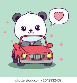 Cute cartoon panda driving a red car