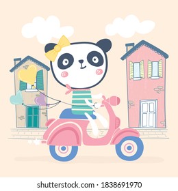 Cute Cartoon Panda Driving a Vintage Scooter