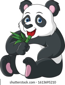 cute cartoon panda eating bamboo