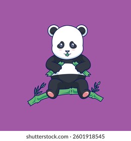 Cute Cartoon Panda Eating Bamboo