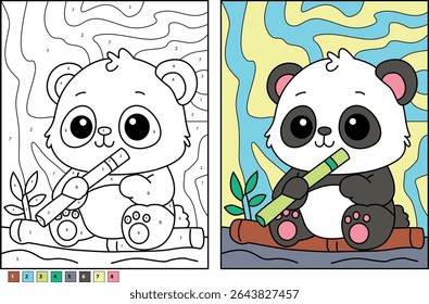Cute Cartoon Panda Eating Bamboo Coloring Page with Numbers and Palette. Adorable Illustration for Kids Activity Book, Educational Game for Learning Colors. Kawaii Animal Art for Children.