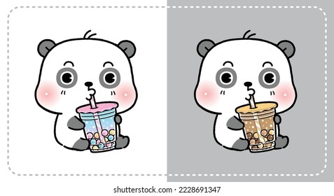 Cute Cartoon Panda Eating Boba Bubble Milk Tea, Animal Drink Icon Concept Vector. Flat Cartoon Style