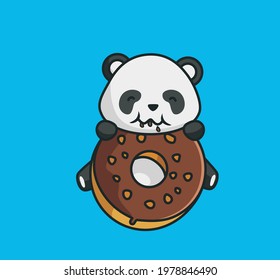 Cute Cartoon Panda Eating and Holding a giant sweet donuts chocolate taste topping nuts for national donut day. Animal, Food and Drink Cartoon Flat Style Icon illustration Premium Vector