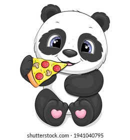 Cute cartoon panda eating pizza. Vector illustration of animal isolated on white.