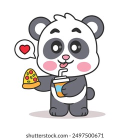 Cute Cartoon Panda Eating Pizza With a Glass of Water Vector Illustration. Animasl Food And Drink. Cartoon Flat.