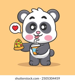 Cute Cartoon Panda Eating Pizza With a Glass of Water Vector Illustration. Animasl Food And Drink. Drink Food Cartoon Style