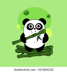 Cute cartoon panda eats bamboo. Funny character for your design. Green. Save panda concept. Ecology, green energy. 