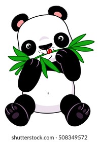 Cute cartoon panda eats bamboo