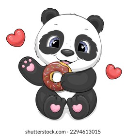 Cute cartoon panda eats a donut. Vector illustration of animal and two red hearts on a white background.