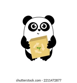 Cute cartoon panda eco box and recykling sign. Funny character for your design. Green energy concept. Panda protect. Ecology problems, environmental protection