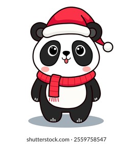 Cute Cartoon Panda in Festive Santa Hat with Red Scarf for Christmas Illustration