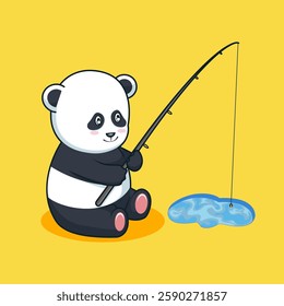 Cute Cartoon Panda Fishing – Adorable Animal Character Illustration
