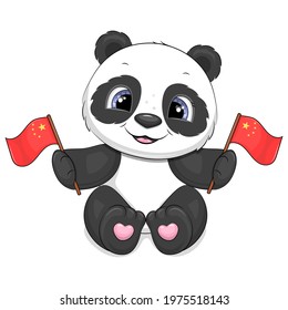 Cute cartoon panda with flags of China. Vector animal illustration isolated on white.