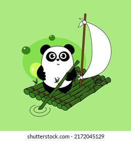 Cute cartoon panda float on bamboo raft. Funny character for your design. Green. Panda protect concept. Ecology, green energy.