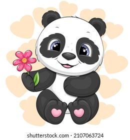 Cute cartoon panda with a flower. Vector illustration of an animal on a white background with hearts.