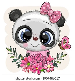 Cute Cartoon Panda with flowers with a bow