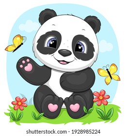 Cute cartoon panda with flowers and butterflies. Vector illustration of an animal sitting on the grass.