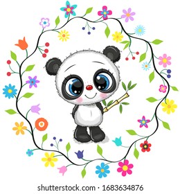 Cute Cartoon Panda in a flowers frame