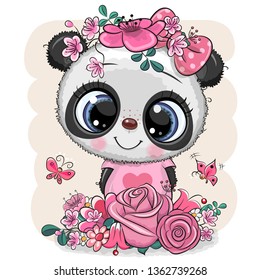 Cute Cartoon Panda With Flowers On A White Background