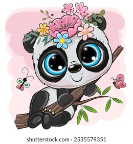 Panda de Desenho Animado bonito com flores está sentado em uma árvore