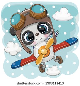 Cute Cartoon Panda is flying on a plane