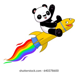 Cute cartoon panda flying on the rainbow rocket. Cartoon panda series.