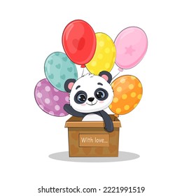 Cute cartoon panda with gift box and balloons.Greeting card.Happy birthday.Vector illustration