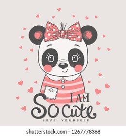 Cute cartoon panda girl face with bow. I am So Cute slogan. Love Yourself. Vector illustration design for t-shirt graphics, fashion prints, slogan tees