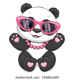 Cute cartoon panda girl with pink glasses and necklace. Vector illustration of animal isolated on white.