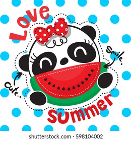 Cute cartoon panda girl with watermelon slice smiling on polka dots background illustration vector.