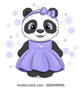 Una chica de la panda de dibujos animados con un vestido púrpura y una proa de pelo. Ilustración vectorial de un animal sobre un fondo blanco con puntos y flores.