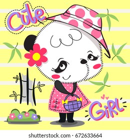 Cute cartoon panda girl wearing pink summer dress and hat holding bag standing on striped background illustration vector.