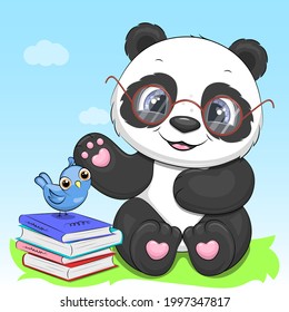 Cute cartoon panda with glasses, books, birds. Vector illustration of an animal.