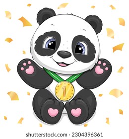 Cute cartoon panda with a gold medal. Vector illustration of animal on a white background with golden confetti.
