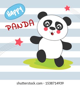 Cute cartoon panda has fun walking. Modern flat poster for prints, kids cards, t-shirts and other. Vector illustration.