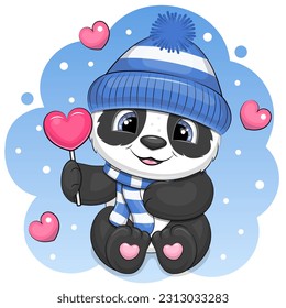 Un lindo panda de dibujos animados con un sombrero y una bufanda sostiene una soplona con forma de corazón. Ilustración vectorial invernal de un animal sobre un fondo azul con nieve y corazones rosados.