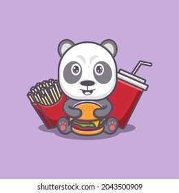 cute cartoon panda having fries burger and soft drink. vector illustration for mascot logo or sticker