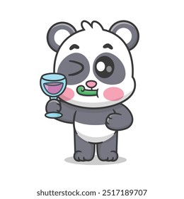 Cute Cartoon Panda Having a Party With a Cup of Juice With a Trumpet Cartoon Illustration Icon Vector, Animals Food Cartoon Illustration Premium Vector, Cartoon Drink Style