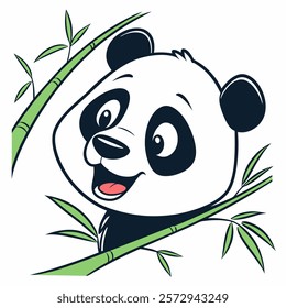 Cute cartoon panda head with bamboo isolated on white background. Side view. Vector illustration.