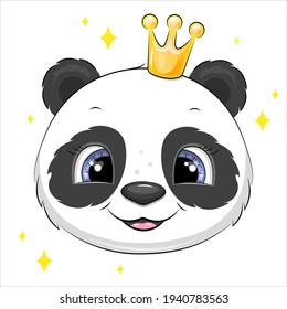 Cute cartoon panda head with crown. Vector illustration of animal on white background with stars.