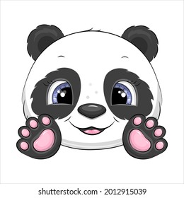 Cute cartoon panda head with paws. Vector illustration isolated on white background.