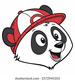 Cute cartoon panda head with red cap isolated on white background. Side view. Vector illustration.