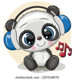 Cute cartoon Panda with headphones on a yellow background