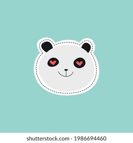 Cute cartoon panda with heart eyes - isolated sticker with happy adorable animal in love. Black and white bear head with red hearts in pupils - flat vector illustration.