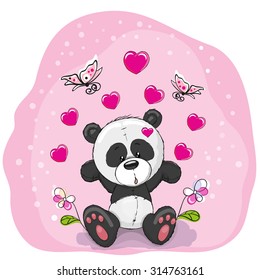 Cute cartoon panda with hearts, flowers and butterflies
