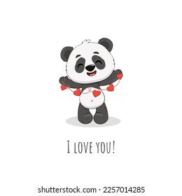 Cute cartoon panda with a hearts on white background.I love you valentine's day card. Vector illustration