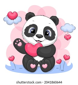 Cute cartoon panda with hearts. Vector illustration of an animal on a pink background.