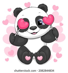 Cute cartoon panda with hearts. Vector illustration of an animal on a pink background.