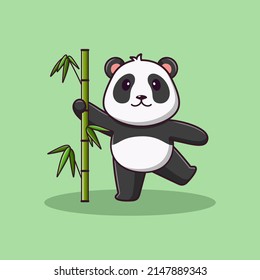 Panda de dibujos animados con bambú, ilustración de dibujos vectoriales, clipart de dibujos animados