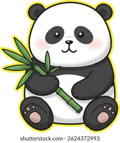 Cute Cartoon Panda Holding Bamboo – Kawaii Baby Animal Vector Illustration